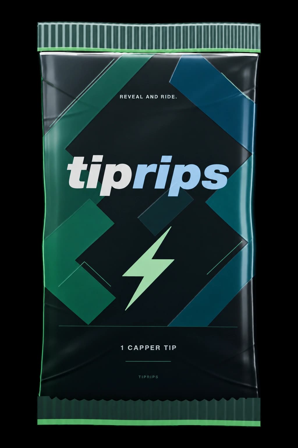 TipRips foil pack with its white and blue wordmark, teal geometric artwork, green lightning bolt, and one capper tip label